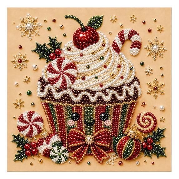 Christmas Decor DIY Pearl Diamond Painting Art Kit, Festival Pearl Beads Art Craft for Adults & Beginners, Diamond Dots Beads Painting for Home Party Wall Decor (Cupcake)