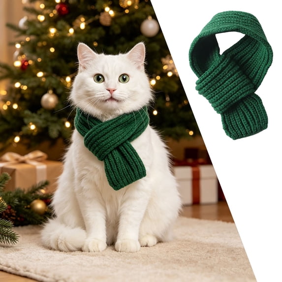 Christmas Decor Knit Pet Scarf, Adjustable Holiday Neck Scarf, Christmas Gifts for Small Medium Dogs Cats (Green Scarf, Neck: 7.5-12.6in)