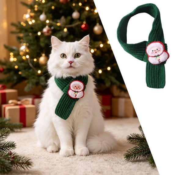 Christmas Decor Knit Pet Scarf, Adjustable Holiday Neck Scarf, Christmas Gifts for Small Medium Dogs Cats (Green Scarf, Neck: 7.5-12.6in)