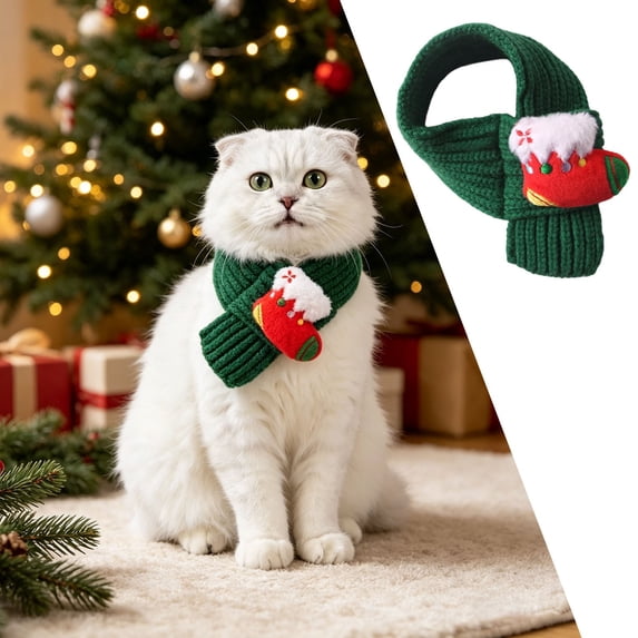 Christmas Decor Knit Pet Scarf, Adjustable Holiday Neck Scarf, Christmas Gifts for Small Medium Dogs Cats (Green Scarf, Neck: 7.5-12.6in)