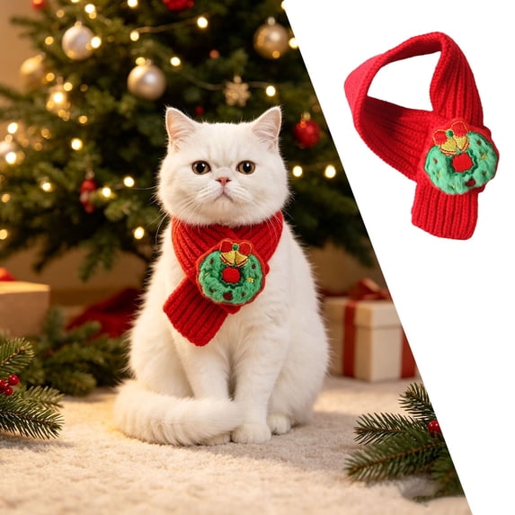 Christmas Decor Knit Pet Scarf, Adjustable Holiday Neck Scarf, Christmas Gifts for Small Medium Dogs Cats (Red Scarf, Neck: 7.5-12.6in)
