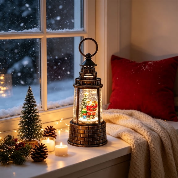 Christmas Decor, Lighthouse LED Water Filled Snow Ornament, Light Up Holiday Tabletop Decoration for Home Window Indoor