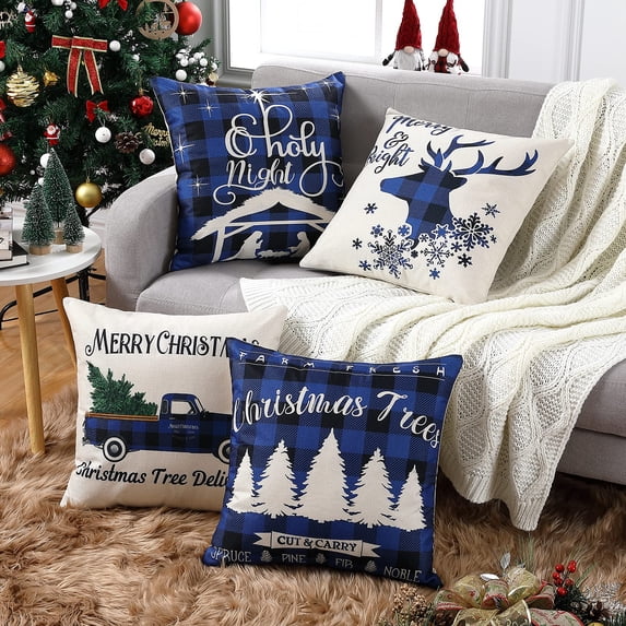 Christmas Decor Pillow Covers 18 X 18 Inches Set of 4 Black and Red Buffalo Plaid Farmhouse Throw Pillowcases Cotton Linen Vintage Christmas Cushion Covers for Xmas Holiday Decorations