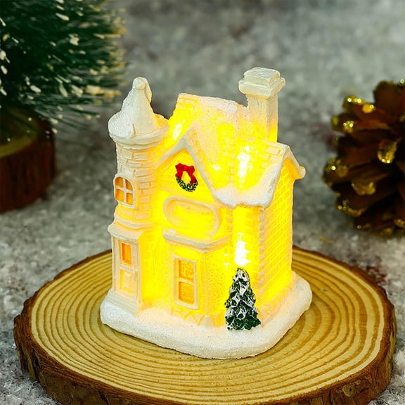 Christmas Decor Resin Small House Mini Landscape Ornament Light Up Holiday Decoration for Home Shelf Table Miniature Village Scene Display Decorative Festive Seasonal Winter Decorations