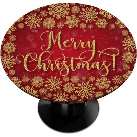 Christmas Decor Round Tablecloth with Elastic Xmas Golden Snowflake Fitted Circle Table Cover Round Outdoor Table Cloth for Kitchen Dining Christmas Party Holiday Decoration Fit for 40"-44" Tables