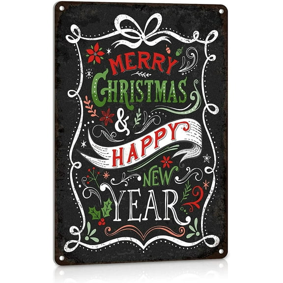 Christmas Decor Signs Vintage Farmhouse Aluminum Metal Sign Home Kitchen Wall Decorations, Merry Xmas and Happy New Year 8" x 12"