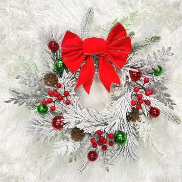 Christmas Decor Snow Flocked Winter Wreath with Bow Pinecones Berries Xmas Balls for Front Door Wreath Home Party Decorations