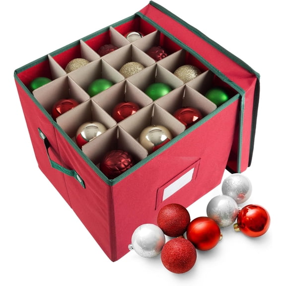 Christmas Decor Storage Box - Red Oxford Canvas Ornament Cube Chest With 64 Compartment Dividers, Riveted Handles, and Lid by