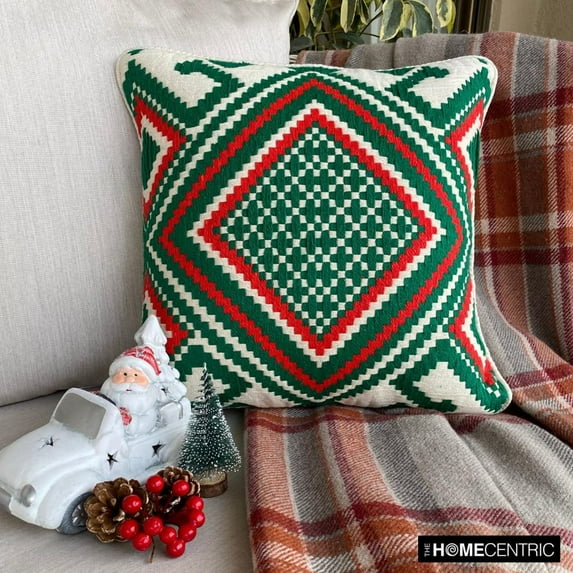Christmas Decor Throw Pillow cover, 18"x18" Red & Green Jacquard Pillow Cover, Bohomenian, Moroccan & Contemporary Geometric Holiday Decorative Pillow Cover For Sofa Couch, Bed Room - Moorish Noel