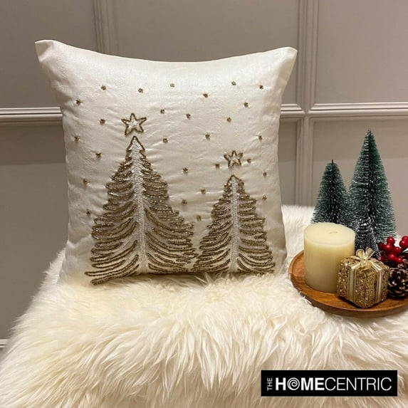 Christmas Decor Throw Pillow cover, 18"x18" White & Gold Silk Pillow Cover, Modern Christmas Tree Holiday Decor Pillow Cover For Sofa Couch, Hotels, living Room, Bed Room - Luminous Pine