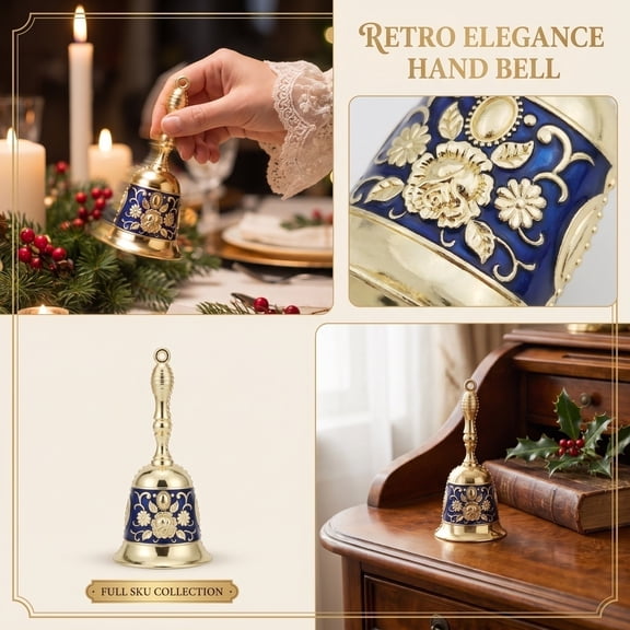 Christmas Decor, Vintage Blue Gold Embossed Hand Held Metal Bell, Christmas Ornament for Table Centerpiece Display, Multi-Use Service Call Bell for Home and Event, 4.5X2 Inch 1Pc