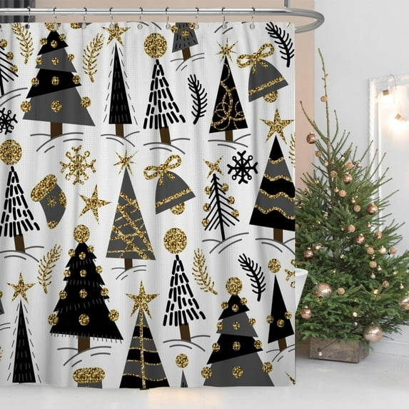 Christmas Decor Waffle Shower Curtain for Bathroom 84x72inches Christmas Trees Shower Curtain Set with Hooks Black Gold Grey X-mas Trees Waterproof Fabric Shower Curtains