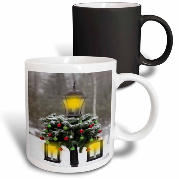 3drose, Christmas Decorated Holiday Lamppost Lanterns Winter Snow Background, 11oz Magic Transforming Mug