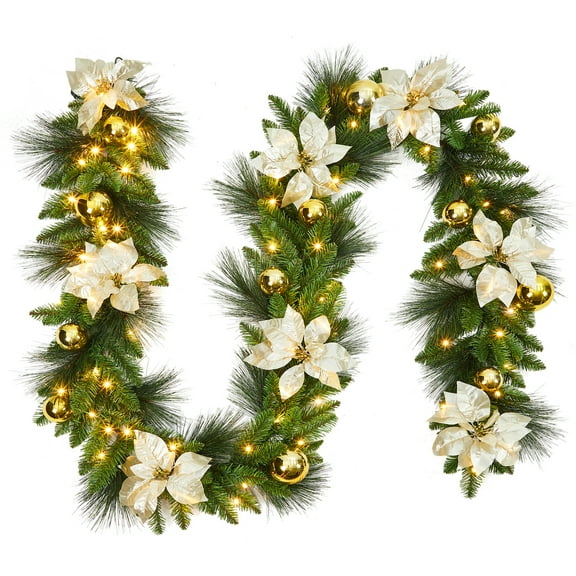 Christmas Decoration,9FT Pine Needle PVC PE Mixed Christmas Flower Vine for Front Porch Door and Fireplace Christmas Decor Use