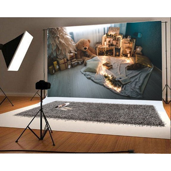 Christmas Decoration Backdrop 7x5ft Photography Backdrop Bear Toys String Lights Gifts Carpet Books Festival Celebration Children Room Studio Photos Video Props Baby Kids Portraits