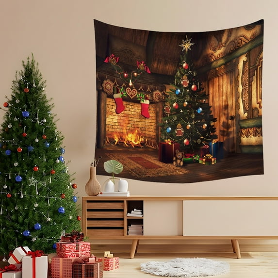 Christmas Decoration Backdrop Photo, Vintage Winter Fireplace Photography Backdrop Family Wall Hanging Background Christmas Photography Decorated