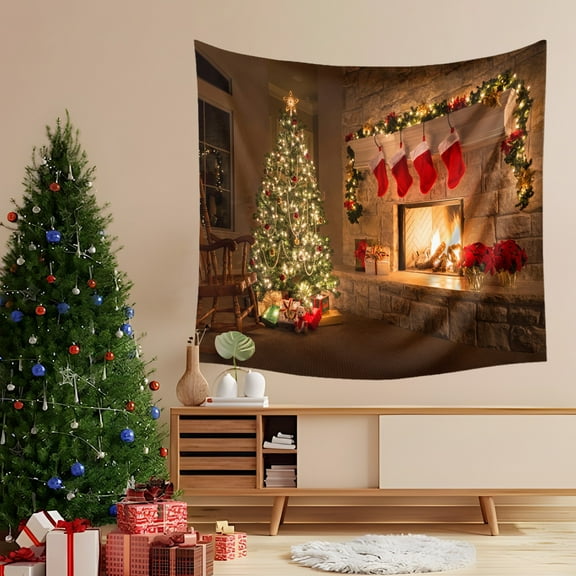 Christmas Decoration Backdrop Photo, Vintage Winter Fireplace Photography Backdrop Family Wall Hanging Background Christmas Photography Decorated