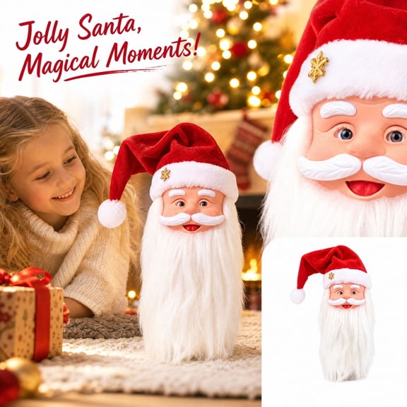 Christmas Decoration Electric Santa Claus Head with Animated Mouth and Plush Beard, 1 Piece, Red and White, for Holiday Tabletop Display