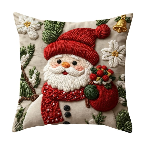 Christmas Decoration Embroidery Christmas Pillow Covers, Rustic Printed Design Pillow Cover for Sofa Couch Home Decor, Holiday Red Hat & scarf Santa Cushion Case, poinsettia Holly Christmas Balls