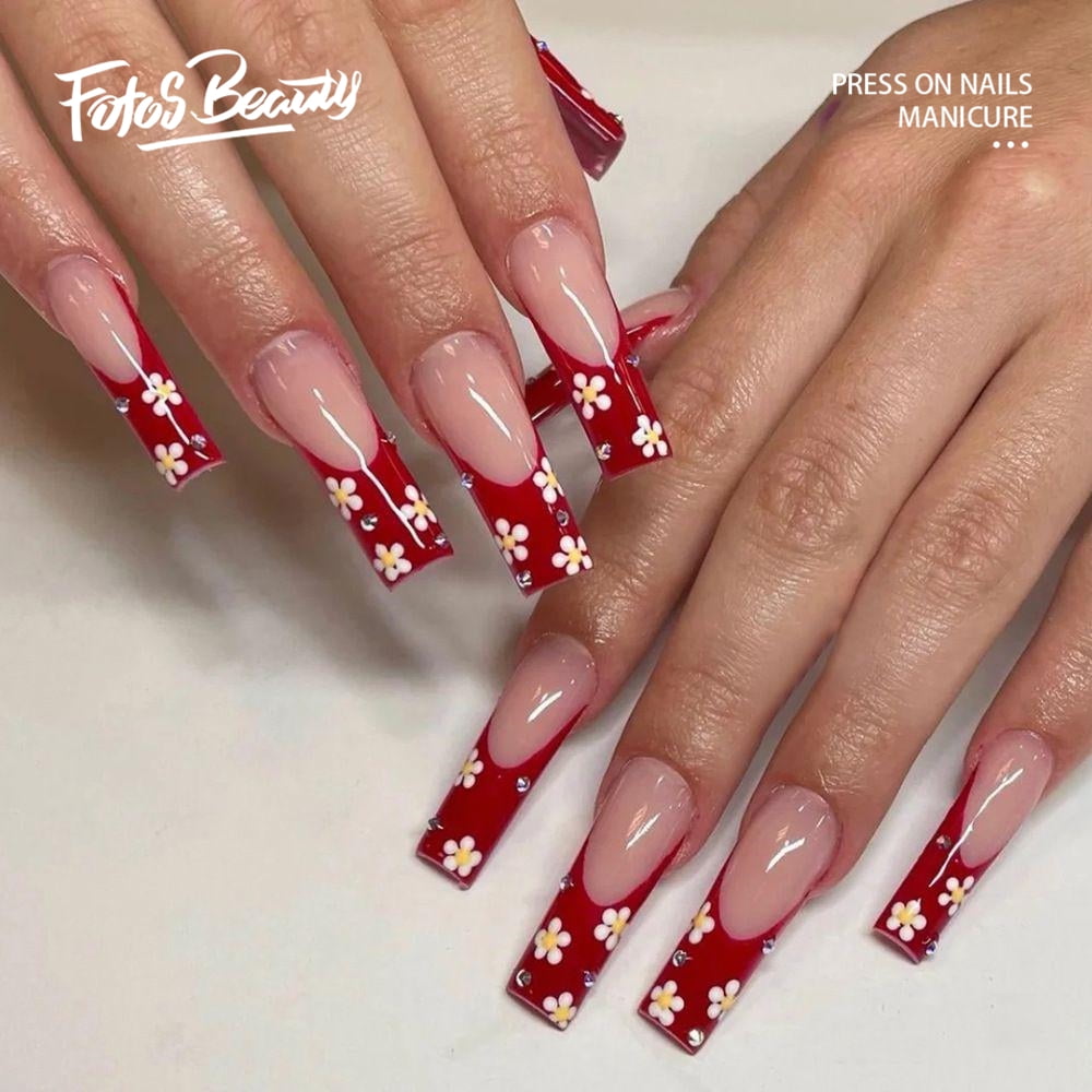 Christmas Decoration Fofosbeauty 24 pcs Long False Nails Press on Nails Designs 2022 Coffin Stones and Daisy French Red 5877a717 cbba 42f3 8a58 aa3df265d355.81a1f8b6372569dbfa627f83a3391ae1