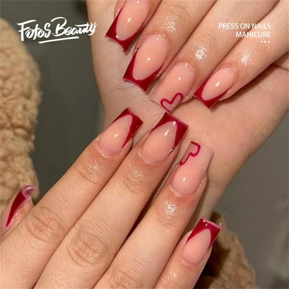 Fofosbeauty 24pcs Press on False Nails Tips,Coffin Fake Acrylic Nails, French Burgundy