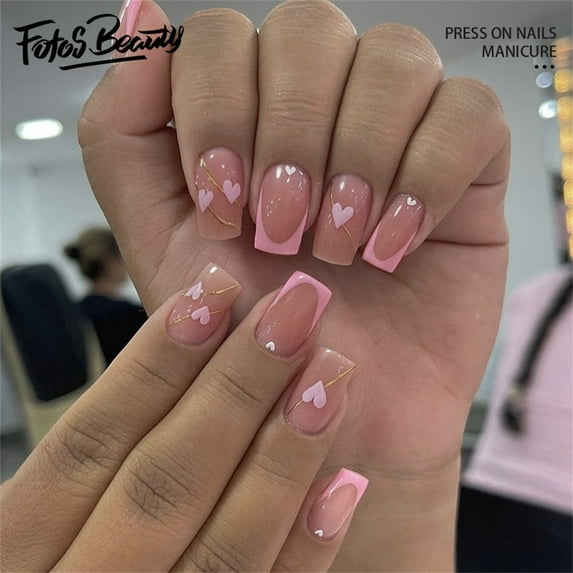 Christmas Decoration Fofosbeauty 24pcs Press on False Nails,Fake Nails for New Year Valentine's Gift,Square French Connecting love Pink