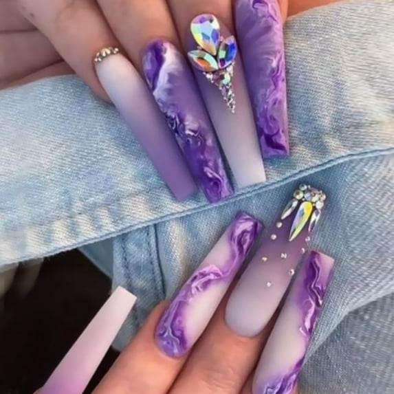 Christmas Decoration Fofosbeauty 24pcs Press on False Nails, Long Coffin Nails, Elegant Light Purple Print with Stones