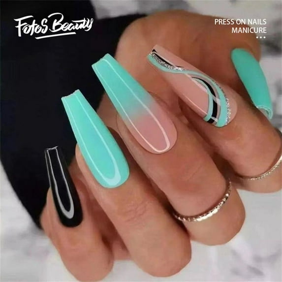 Christmas Decoration Fofosbeauty 24pcs Press on False Nails, Long Coffin Fake Nails, French V Diamonds