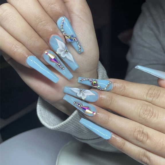 Christmas Decoration Fofosbeauty 24pcs Press on False Nails, Long Coffin Fake Nails, Light Blue Sky Diamonds