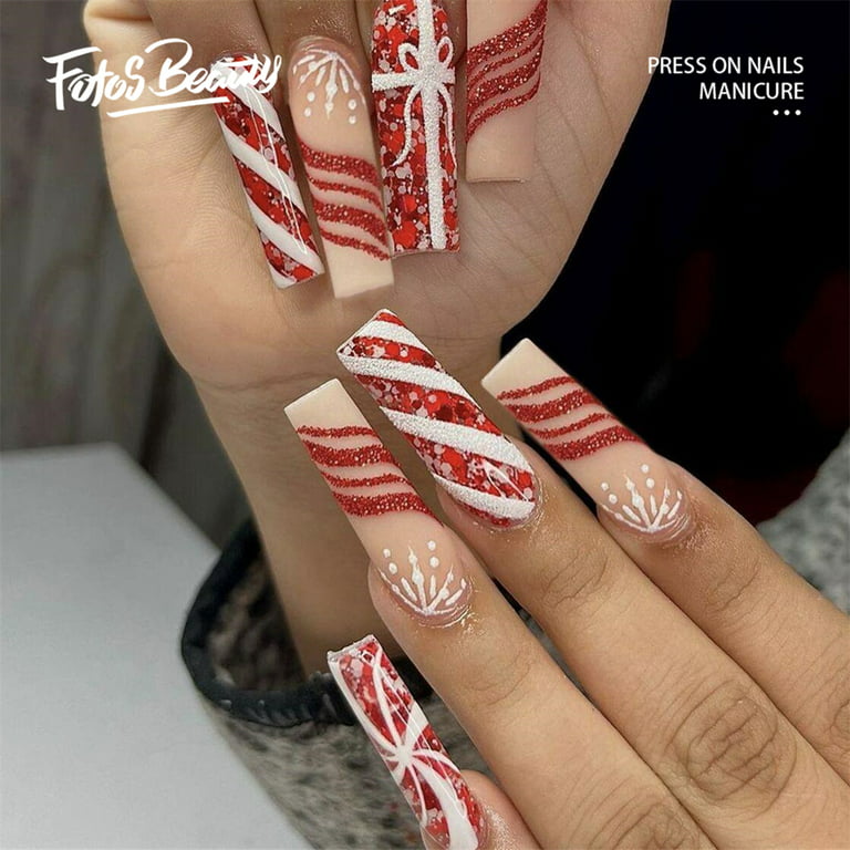 Fofosbeauty Christmas Nails 24pcs Christmas on False Nails Tips, Coffin  Fake Acrylic Nails, Powder Diamond Snowflake Red 