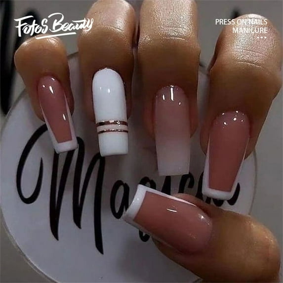 Christmas Decoration Fofosbeauty 24pcs Press on False Nails, Long Coffin Fake Nails, White Square French Gel