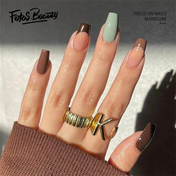 Christmas Decoration Fofosbeauty 24pcs Press on False Nails,Short Coffin Fake Nails, Old Fashion In Autumn