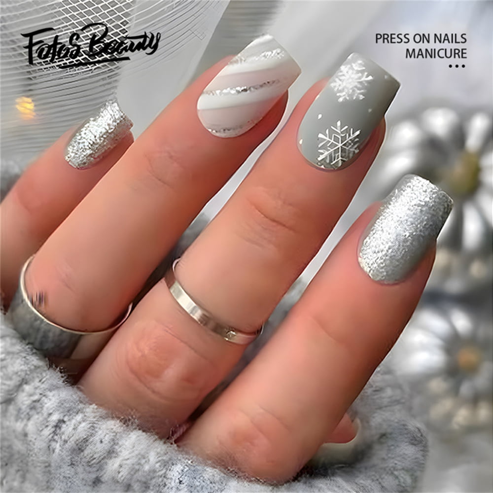 False Nails Nail Art Snowflake Silver Glitter Gradient Christmas Wear  Waterproof Removable