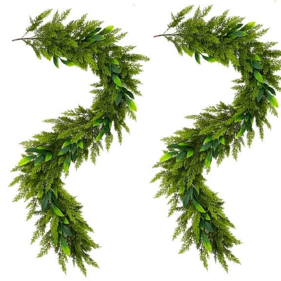 Christmas Decoration Greenery Garland Vine, 2PC Cedar Leaf Home Decor for Mantel, Stair Rail, Door, 5.91 ft