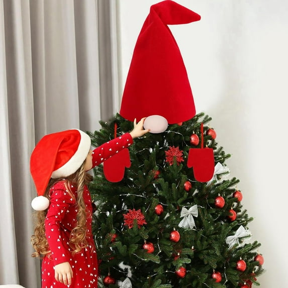 Christmas Decoration Hat Christmas Tree Topper Star 11.81x7.5in Large Red Faceless Tree Topper with Nose Gloves Xmas Tree Top Hat Ornament for Farmhouse Home Office Holiday Tree Decoration