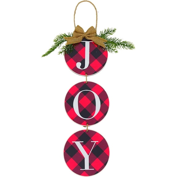 Christmas Decoration JOY Wall Sign, Buffalo Check Plaid Wreath for Front Door Rustic Burlap Wooden Christmas Ornaments for Home Window Wall Farmhouse Indoor Outdoor