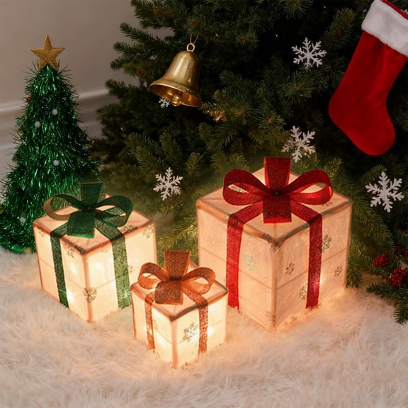 Christmas Decoration Lighted Gift Boxes Set of 3, Foldable & Light Up Present Boxes for Xmas Tree Decor, Pre-lit Xmas Gift Boxes with Bows and Snow Pattern, Yard Partties Lawn Decor Nightlight