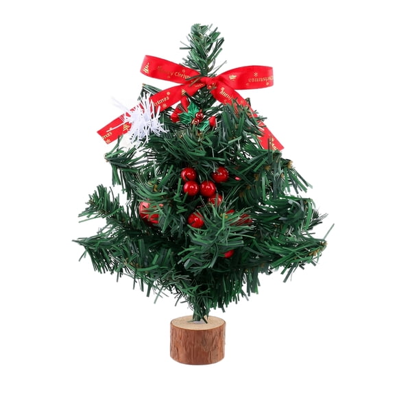 Christmas Decoration Mini Artificial Christmas Tree, Tabletop Home Decor with Red Bow and Wood Base, 11.81 in