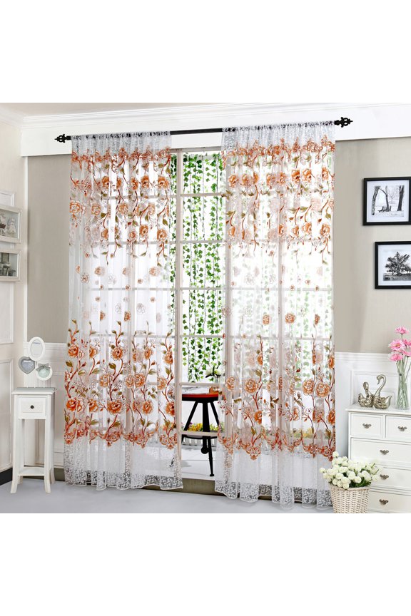 Christmas Decoration New Peony Sheer Curtain Window Voile Drape Valance 1 Panel Fabric, Coffee