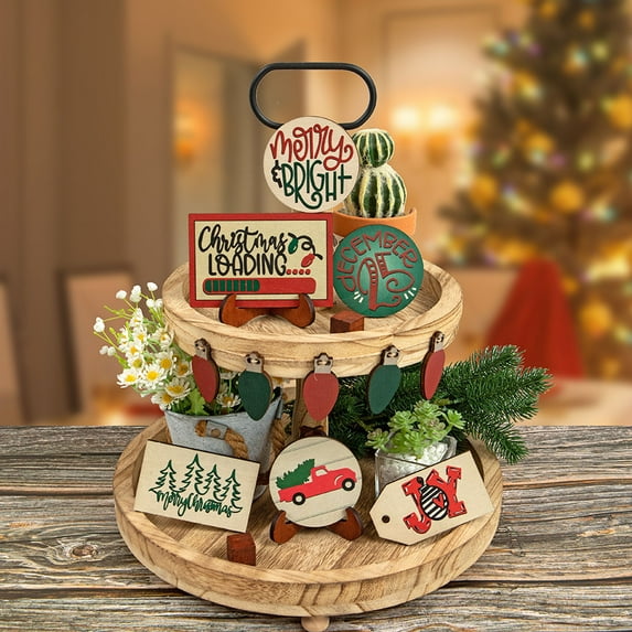 Christmas Decoration New Tiered Tray Decor Set Cute Wooden Signs Tiered Tray Decoration Items for Home Table House Room Kitchen Party, White