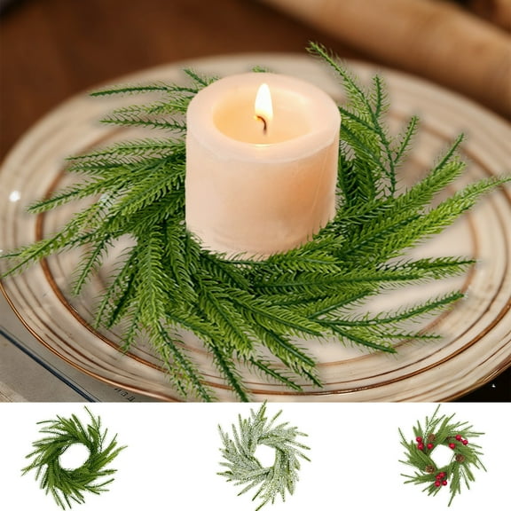 Christmas Decoration Norfolk Pine Wreath Candle Ring Artificial Pillars Candlestick Ornament Wreath With Green Pine for Xmas Farmhouse Table Centerpiece Decoration