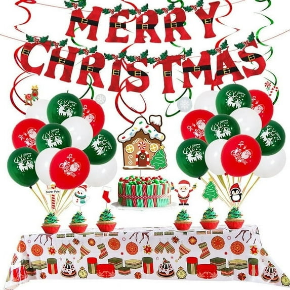 Christmas Decoration Party Supplies include Banner, Balloons, Tablecloth, Cupcake Toppers, Christmas Birthday Party Favors 40Pcs