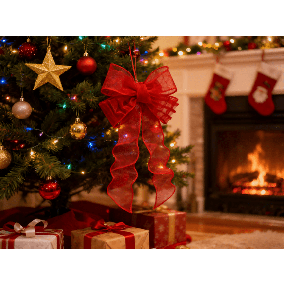 Christmas Decoration Red Flocked Striped Burlap Bow Striped Bow Christmas Linen Bow Christmas Wreath Decoration Bow Christmas Tree Decoration