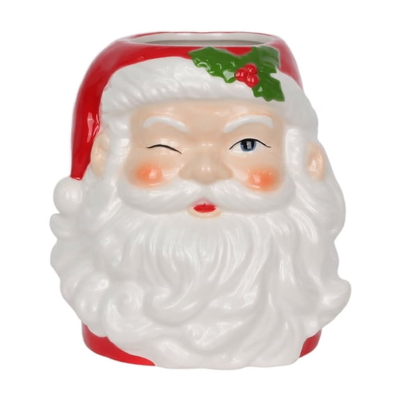 Christmas Decoration Santa Claus Head Ceramic Planter with Winking Face, 1 Piece, Red and White, for Holiday Tabletop Display