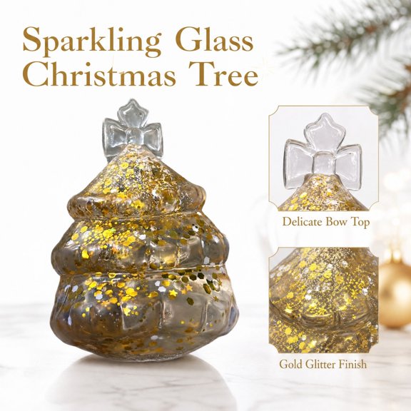 Christmas Decoration Sparkling Glass Tree with Gold Glitter Finish and Delicate Bow Top, Single Piece, Gold, for Party