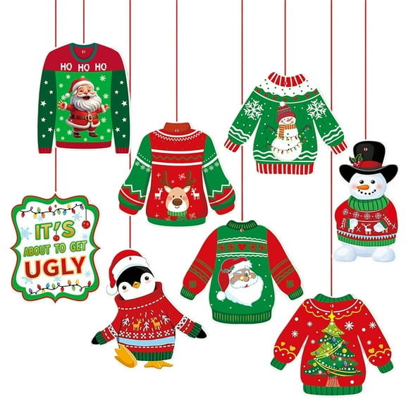 Christmas Decoration Ugly Sweater Hanging Ornaments 8 Pack, With Santa Snowman Reindeer Penguin And Tree Patterns, For Holiday Home Office Decor