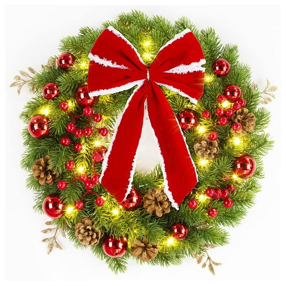 Christmas Decoration Wreath, LED Artificial Wreath, 15.7 Inch Prelit Red Christmas Door Wreath, Plastic Flame-Retardant Indoor Outdoor Holiday Decor