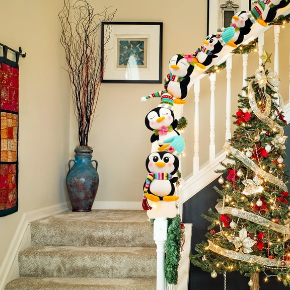 Christmas Decoration for Living Rooms - Christmas Penguin Stairway with Xmas Hat Scarf Penguins, Christmas Plush Toy & Penguin Christmas Ornament