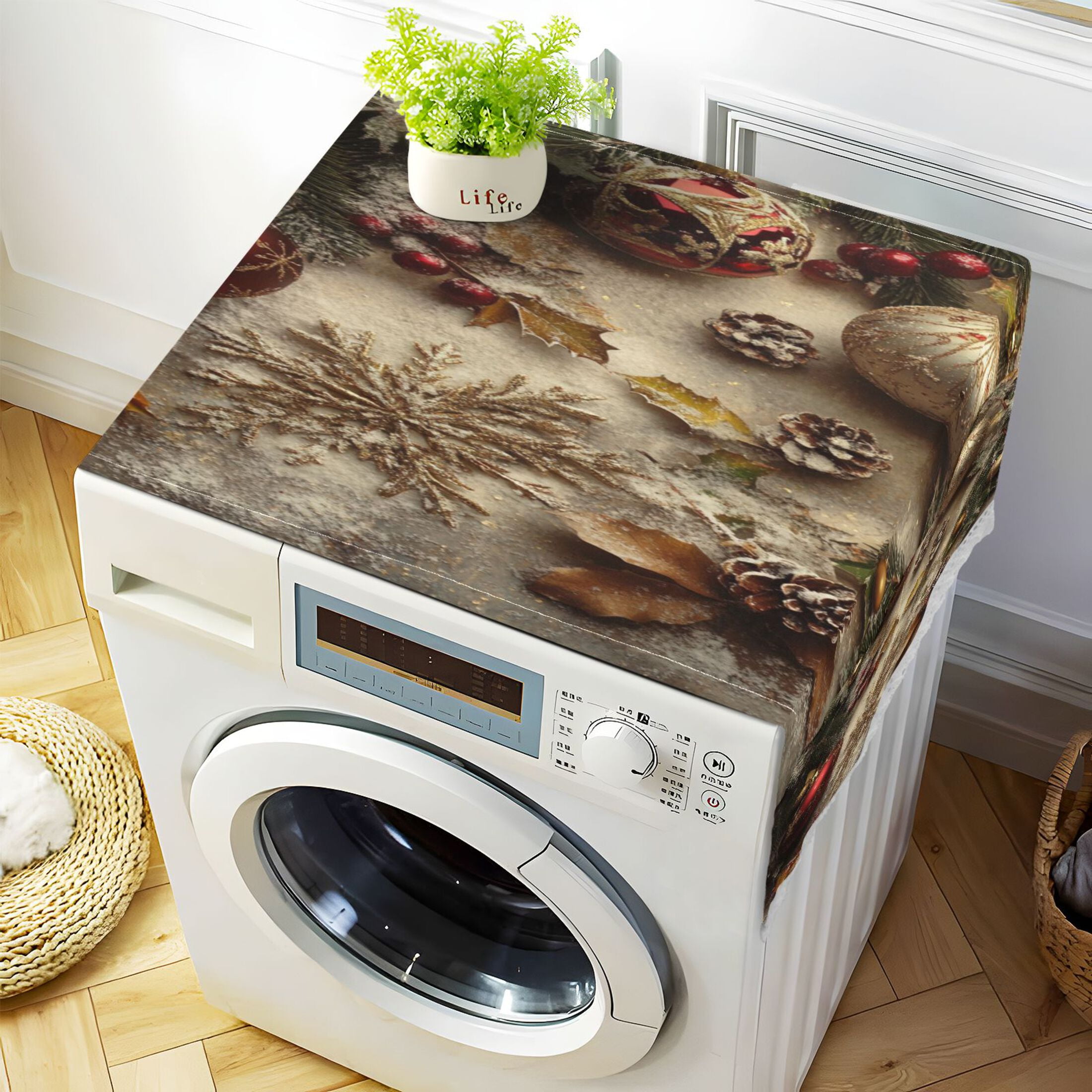 Christmas DecorationWasher and Dryer Covers Dust-Proof and Oil Resistant Fridge Cover with 4 Storage Pockets Washing Machine Top Cover for Laundry Kitchen Home 51.2 x 22 In