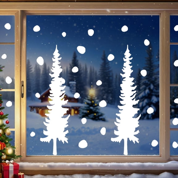 Christmas Decorations: 1 Sheet White Pine Tree & Snowflake Window Cling, Static Holiday Glass Sticker for Shop Fronts & Home Windows, 11.8" x 7.8" Winter Scene Decal